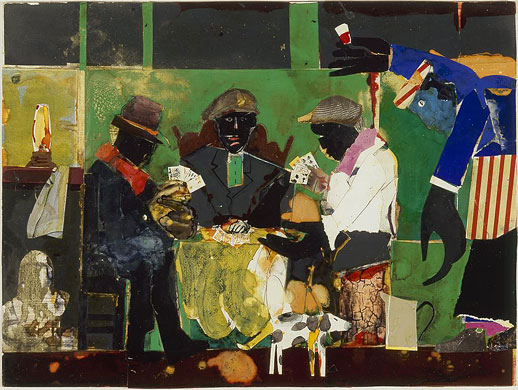 Romare Bearden, Card Players, 1982 collage of various papers with paint, ink, graphite, and bleached areas on fiberboard